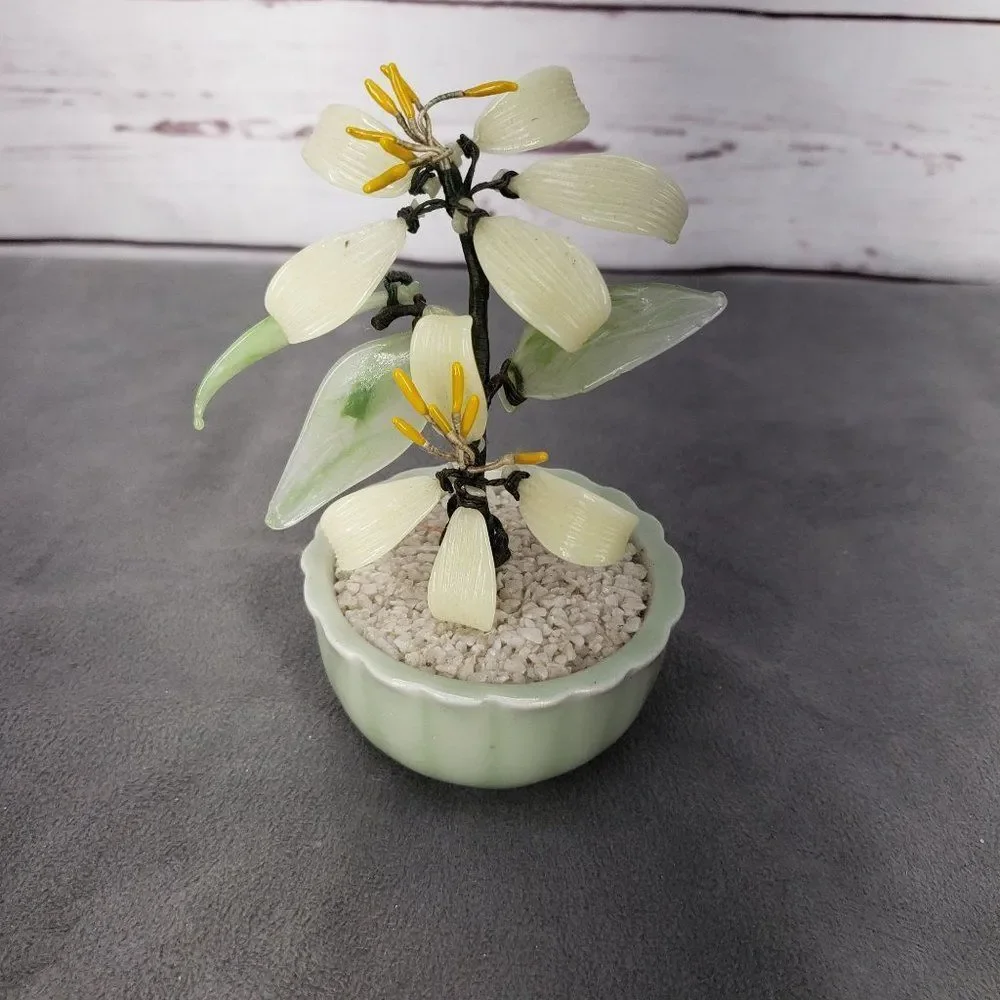 Taiwanese Spinach Jade & Semi Precious Gems Bonsai Tree, Vintage Bonsai Tree, Fl